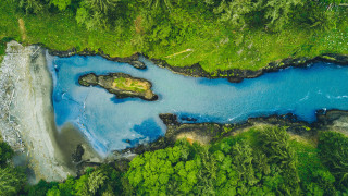 Blue lake forest bridge nature - a bridge in the middle of it free wallpaper