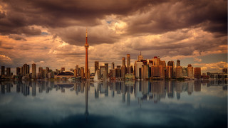 City skyline lake reflection matte - matte painting free wallpaper for desktop