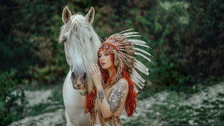 Woman whitehorse field featherheaddress tribal - anka zhuravleva free wallpaper