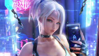 Futuristic neon woman cellphone cyberpunk - a futuristic setting free wallpaper for desktop