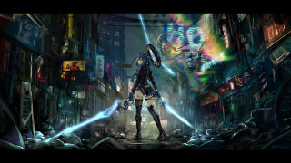 Futuristic city woman sword neon - a light saber free wallpaper