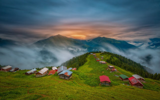 Mountain houses sunset cloudy sky - daryush shokof free wallpaper