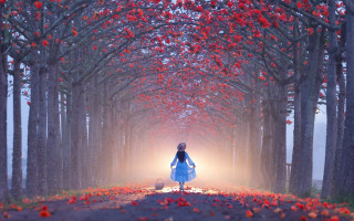 Woman blue dress autumn leaves - magical atmosphere free wallpaper