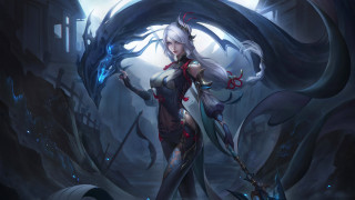 Fantasy woman sword dragon building - league of legends concept art free wallpaper for desktop