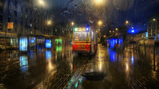 Red bus rainy night cityscape - a rain free wallpaper