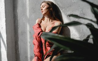 Woman red dress chair plant - a chair next free wallpaper