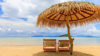 Beach chairs straw umbrella ocean - arthur pan free wallpaper