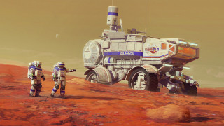 Desert dusk fire vehicle couple - syd mead. free wallpaper