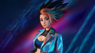 Woman bluejacket blackgloves purplelight cyberpunk - black glove free wallpaper