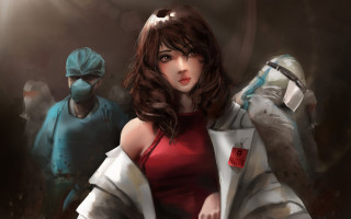 Woman red dress knife man - biopunk free wallpaper