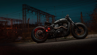 Motorcycle night road powerlines building - power free wallpaper