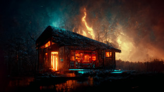 Cabin woods fire sky city - photorealistic lighting free wallpaper for desktop