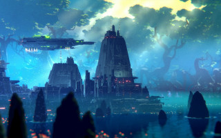 Futuristic city skyline afrofuturism matte - far free wallpaper
