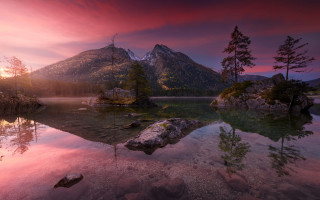 Mountain lake trees sunset pink 2 - a lake and trees free wallpaper