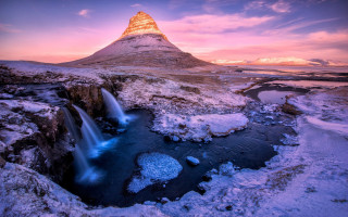 Mountain waterfall pink sky dusk - a waterfall in the middle of it free wallpaper