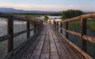 Wooden bridge over water with - a grassy area in the background free wallpaper