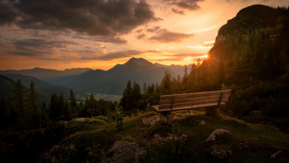 Sunset mountain range forest lake - a bench free wallpaper for desktop