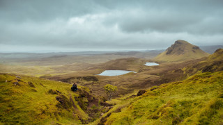 Horse riding grassy hill lake - free landscape wallpaper