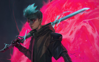 Man sword pink background red - rossdraw global illumination free wallpaper