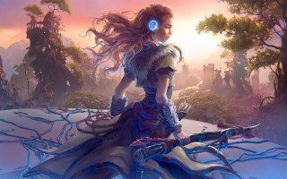 Woman headphones snowy forest sword - her hand and a mountain in the background free wallpaper