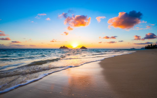 Beach waves sunset island clouds - a small island in the distance free wallpaper for desktop