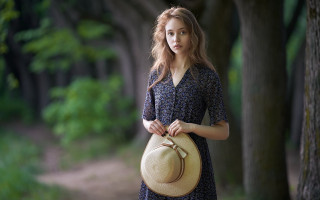 Woman dress holding hat forest - a woman in a dress holding free wallpaper