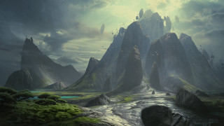 Mountain river man cliff fantasy - a painting of a mountain landscape free wallpaper