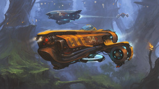 Yellow vehicle flying forest space - tree and people free wallpaper