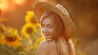 Woman sunflowers sunset hat smile - free 3d render wallpaper