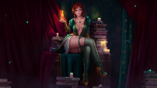 Woman green outfit candle book - fantasy artwork free wallpaper