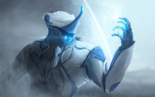 Blue robot glowing foggy space - warframe armor free wallpaper