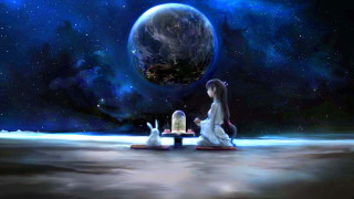 Woman bench clock rabbit planet - a storybook illustration free wallpaper