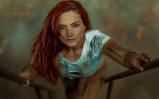 Redhair blueeyes railings cigarette postapocalyptic - her hand and a cigarette free wallpaper