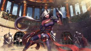 Purple woman sword fantasy art - two other woman free wallpaper