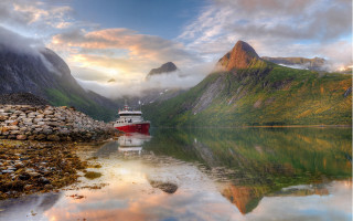 Docked boat mountains clouds sunset - calm free wallpaper for desktop