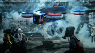 Futuristic flying vehicle crowd smoke - dystopian art free wallpaper for desktop