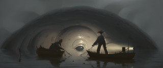 Cave fog light boat men - lovecraftian free wallpaper
