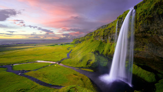 Waterfall green valley river sunset - a sunset free wallpaper for desktop