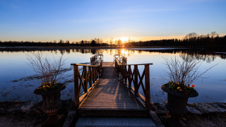 Wooden dock planters sunset lake - a wooden dock free wallpaper for desktop