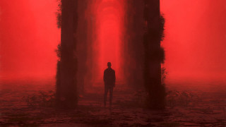 Red forest cyberpunk torii silhouette - a red sky in the background free wallpaper for desktop
