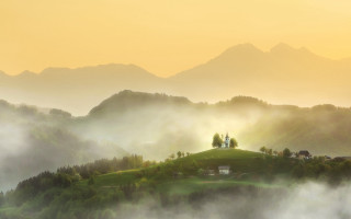 Small house hill fog trees - a yellow sky free wallpaper