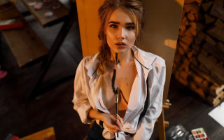 Woman shirt tie room fireplace - artgem free wallpaper