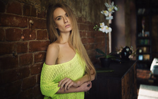 Woman yellow dress brickwall crossstitch - neon color free wallpaper