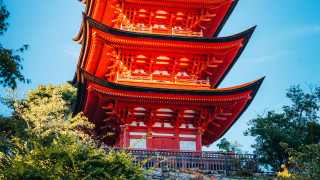 Tall red pagoda autumn bridge - japan eishōsai chōki free wallpaper