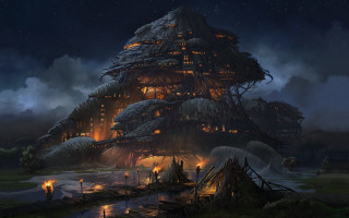 House forest night lights fantasy - andreas rocha free wallpaper for desktop