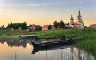 Boats church field forest sunset - grass and trees free wallpaper