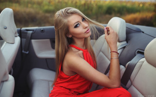 Woman red dress car blonde - a ponytail free wallpaper