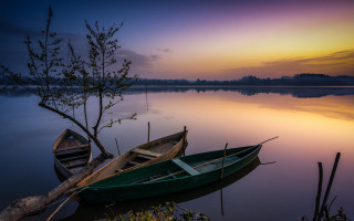 Boats lake tree sunset water - a couple of boats free wallpaper