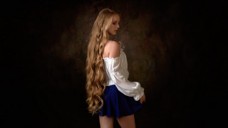Blonde woman flowing hair blue - blue skirt free wallpaper