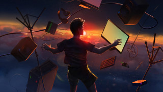 Cyberpunk man sunset electronic devices - electronic free wallpaper